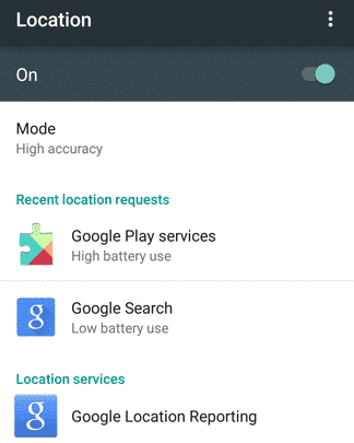 Android location settings menu