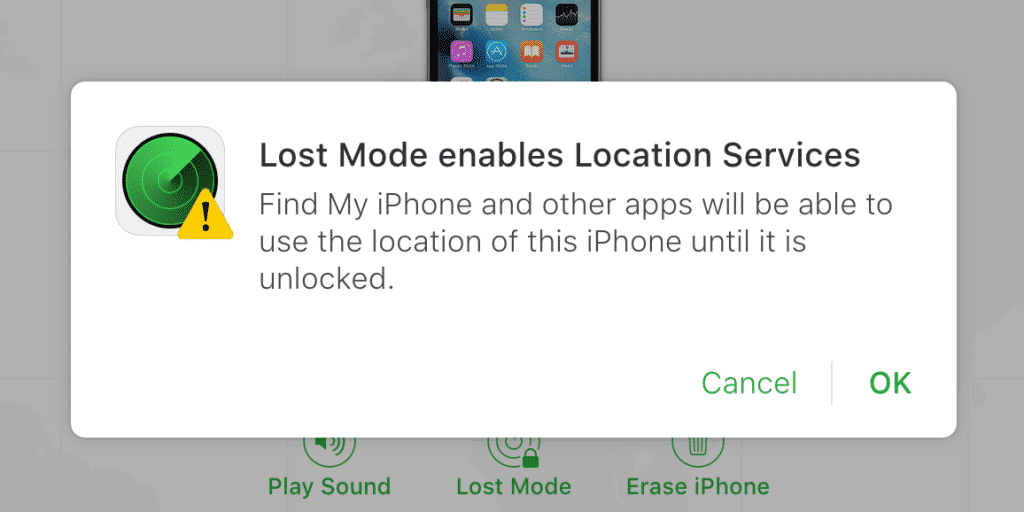 lost mode enables location services - apps will be able to use location of this iphone until unlocked