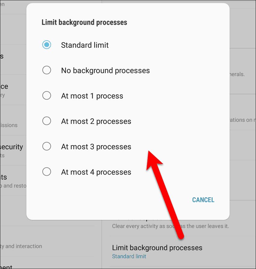 Limit background processes in Developer options.