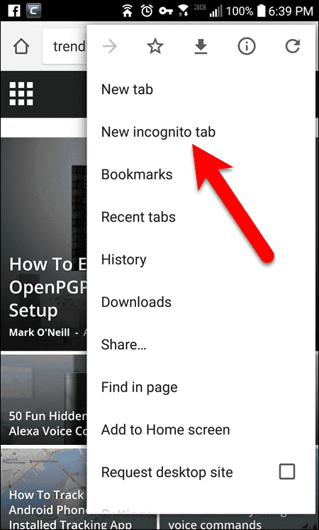 Tap "New incognito tab" on pop-up menu in Chrome on an Android phone.