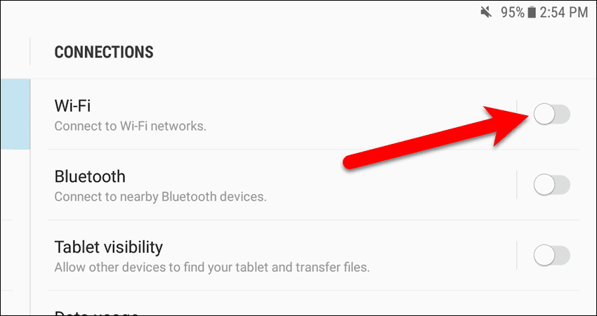 Wi-Fi slider button turns gray when it's off.