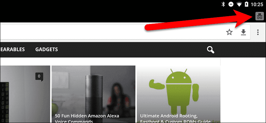 Incognito icon on right turns gray when normal tabs are active in Chrome on an Android tablet.