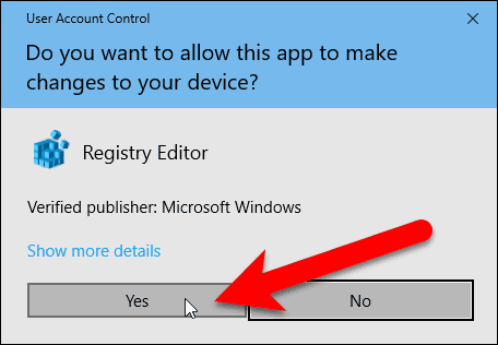 User Account Control dialog box for opening Registry Editor.