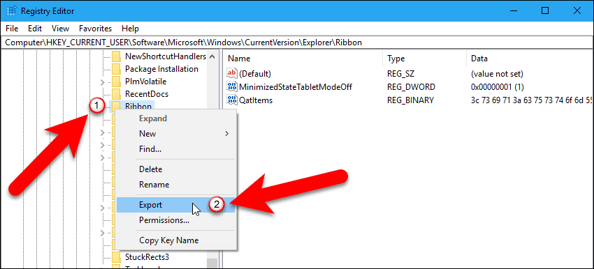 Select Export for registry key.