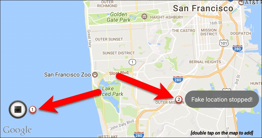 Tap the stop button to stop faking your GPS location.