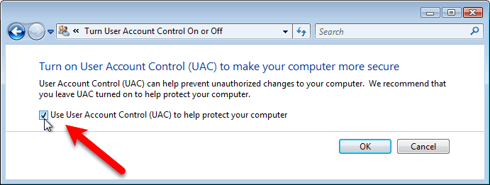User Account Control setting in Windows Vista