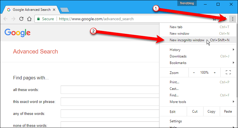 Select New Incognito Window in Chrome on Windows