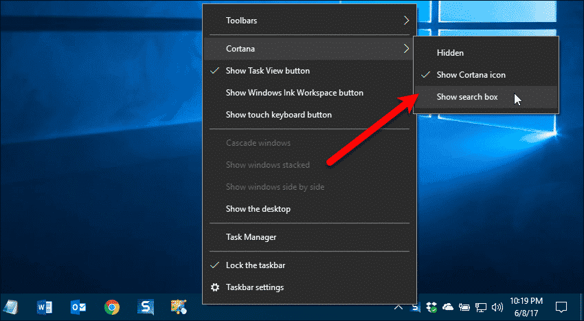 Switch to the Cortana search box