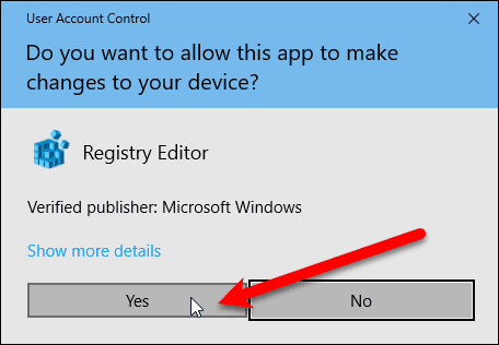 User Account Control dialog box for the Registry Editor