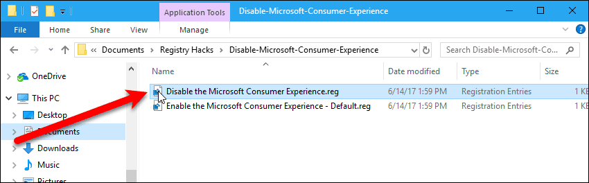 Double-click the .reg file to disable the Microsoft Consumer Experience