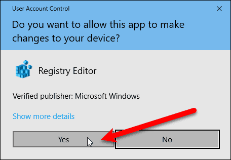 User Account Control dialog box for the Registry Editor