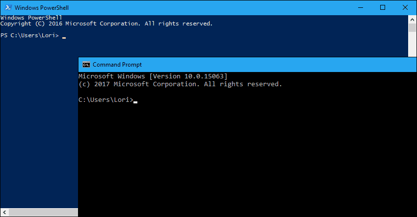 PowerShell window and Command Prompt window