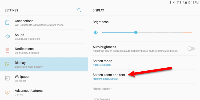 Tap Screen zoom and font in the Settings app on a Samsung device