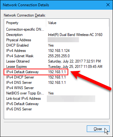 Network Connection Details dialog box