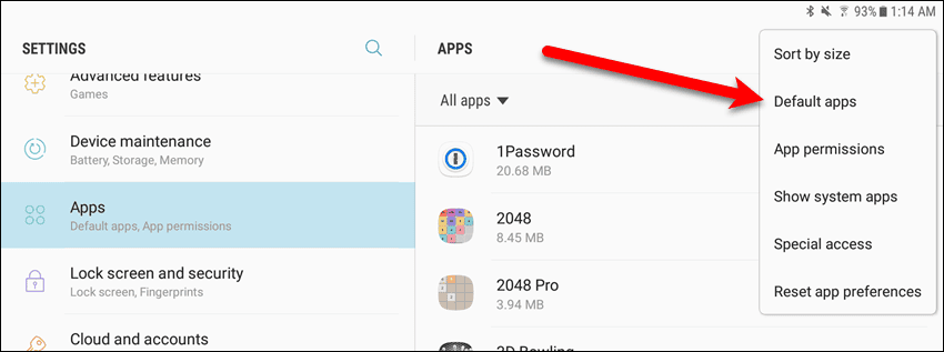 Tap Default apps on a Samsung device