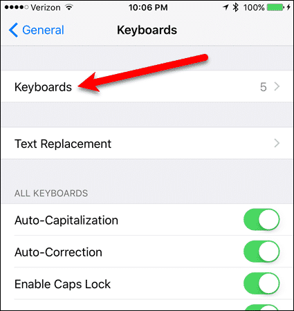Tap Keyboards on Keyboards screen in the Settings app