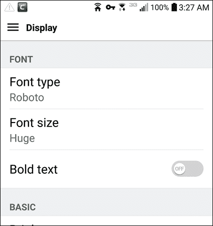Larger text in the Settings app on an LG devce