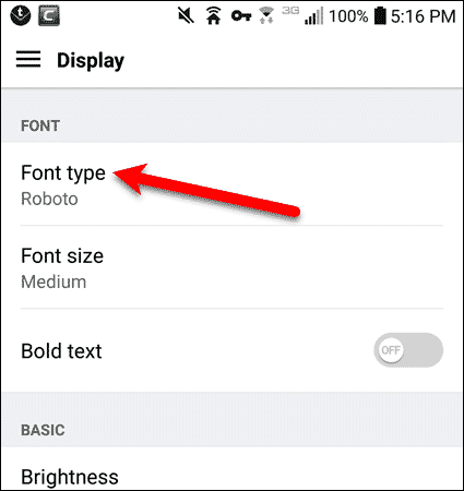Tap Font Type in the Settings app on an LG device