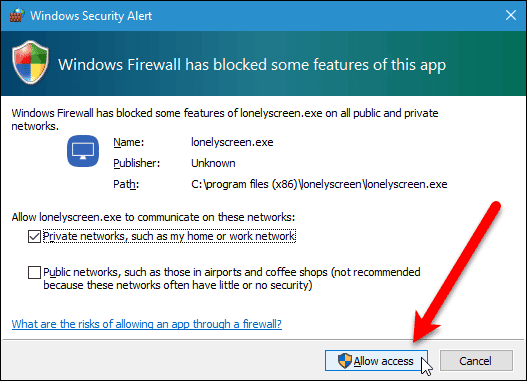 Allow access in firewall for LonelyScreen