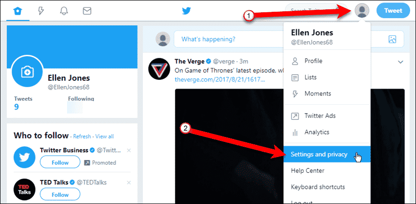 Select Settings and privacy on Twitter.com
