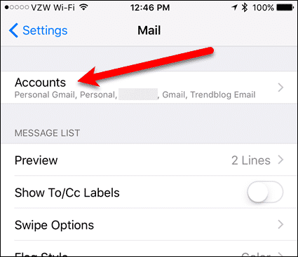 Tap Accounts on the Mail screen