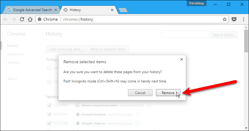 Remove selected items confirmation dialog box