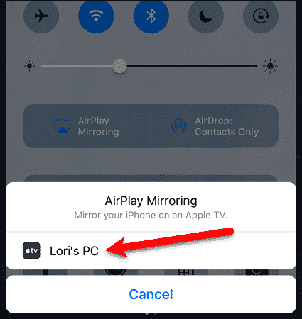 Tap PC name for mirroring in iOS 10