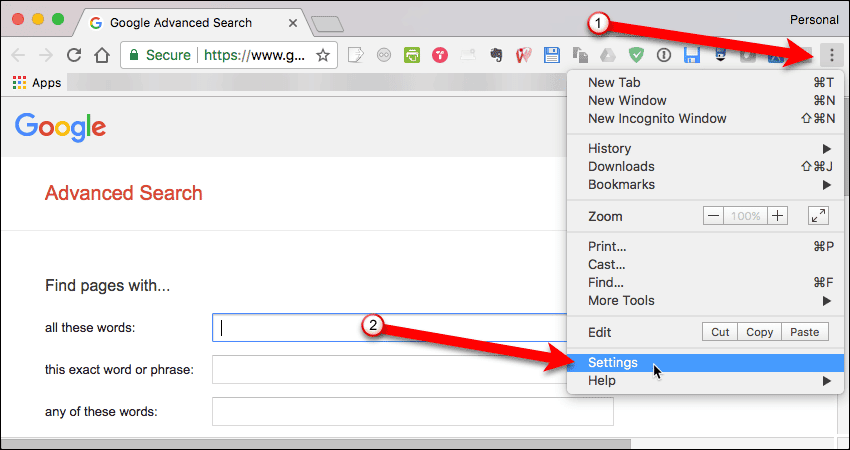 Select Settings in Chrome on Mac