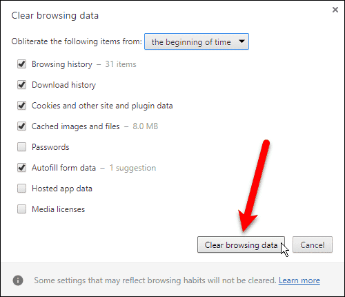 Click Clear browsing data on dialog box