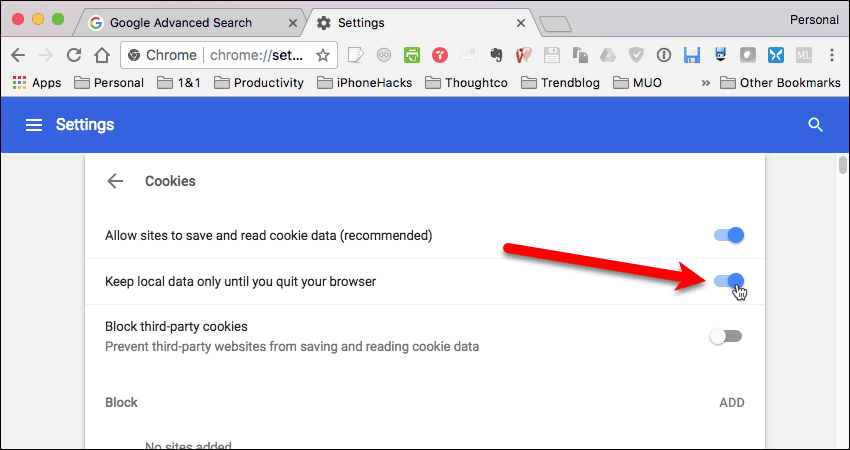 Turn on option to delete cookies when closing Chrome on Mac