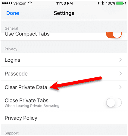 Tap Clear private data in Firefox for iOS