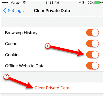 Tap Cookies and then Clear Private Data in Firefox for iOS