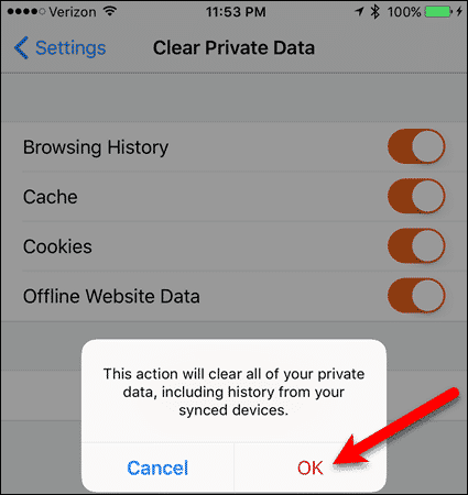 Tap OK on confirmation dialog box in Firefox for iOS
