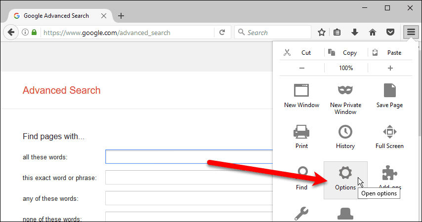 Click Options in Firefox on Windows