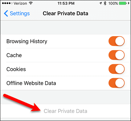 Private data cleared in Firefox for iOS