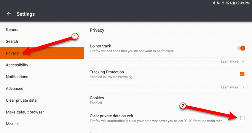 Tap Privacy and then Clear private data in Firefox for Android