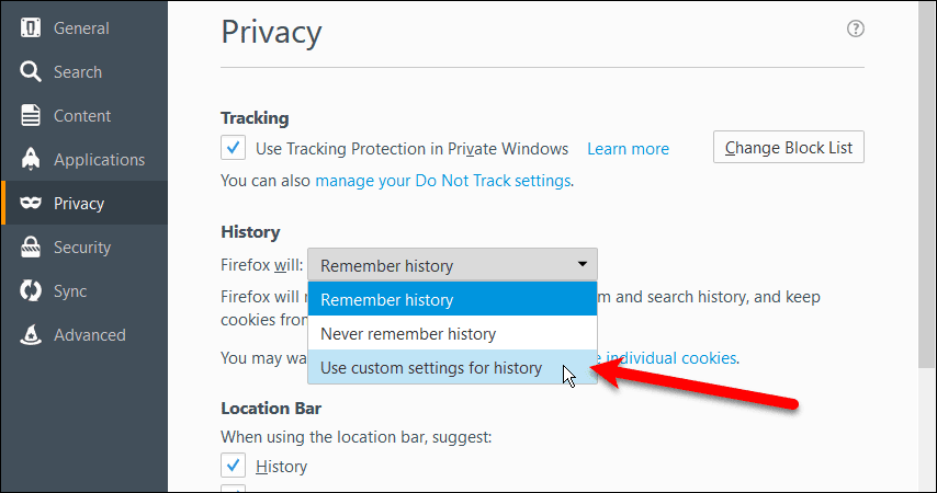 Select Use custom settings for history in Firefox